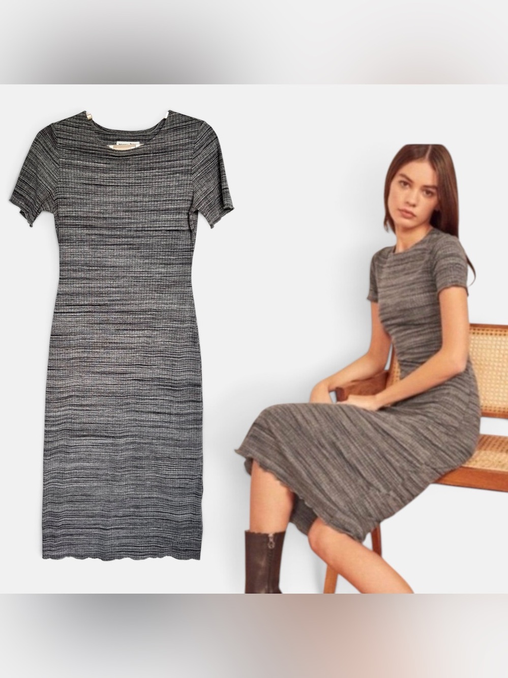 REFORMATION Jeans Perry Midi Dress Sz M Short Sleeve Lettuce Hem Charcoal